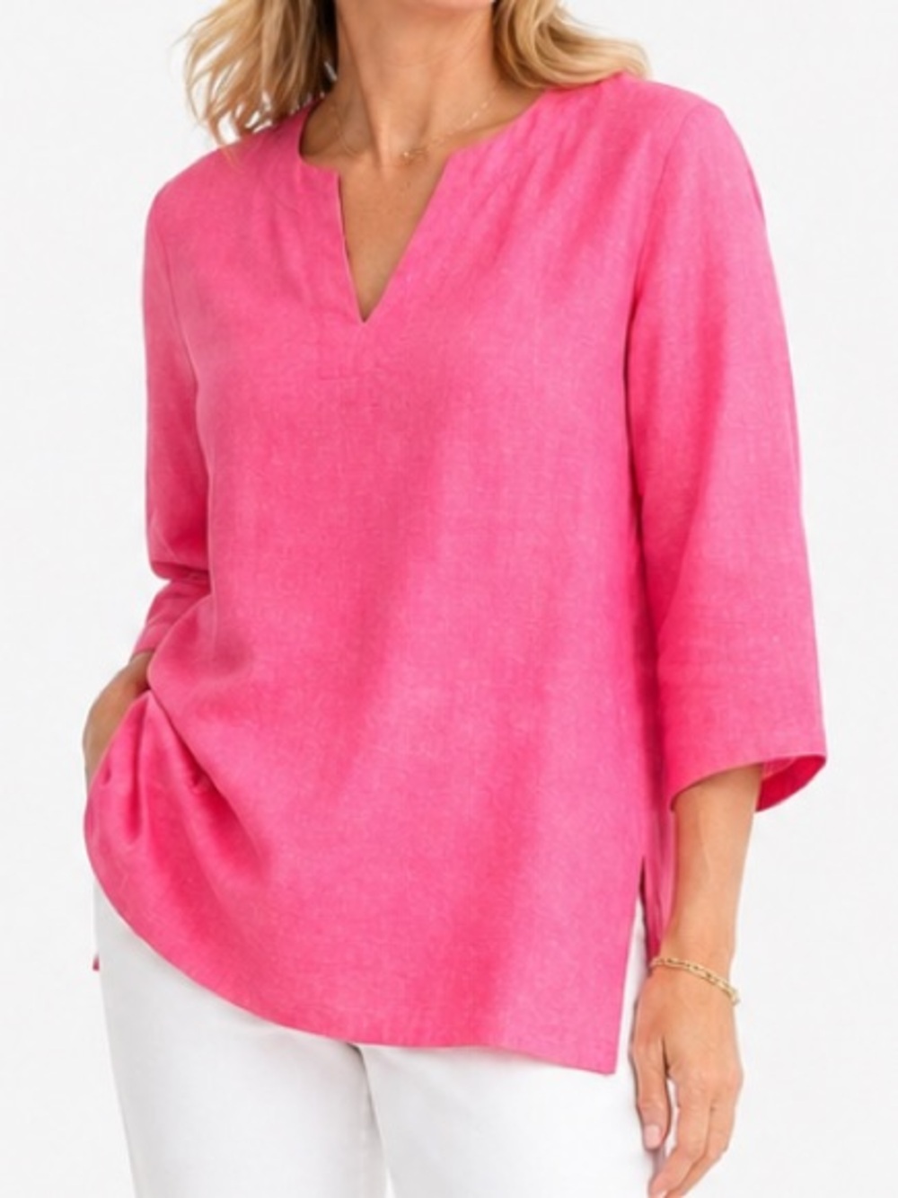 NWT LANDS END Linen Blend 3/4 Sleeve Split Neck Tunic Lagenlook Relaxed Resort M
